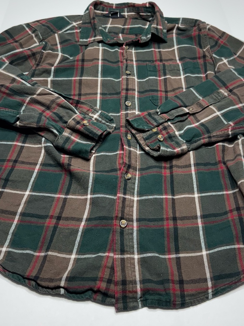 Eddie Bauer Green, Brown & Red Plaid Flannel Button-Down Shirt